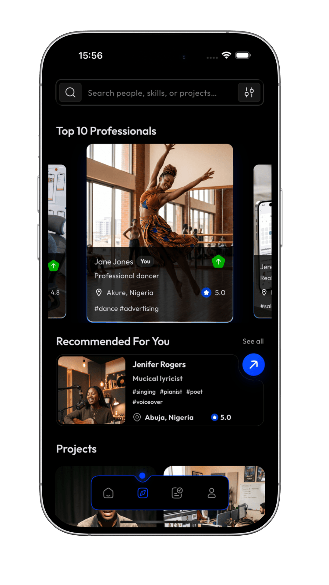 Kliqture discovery screen showing search, top professionals, and recommended experts