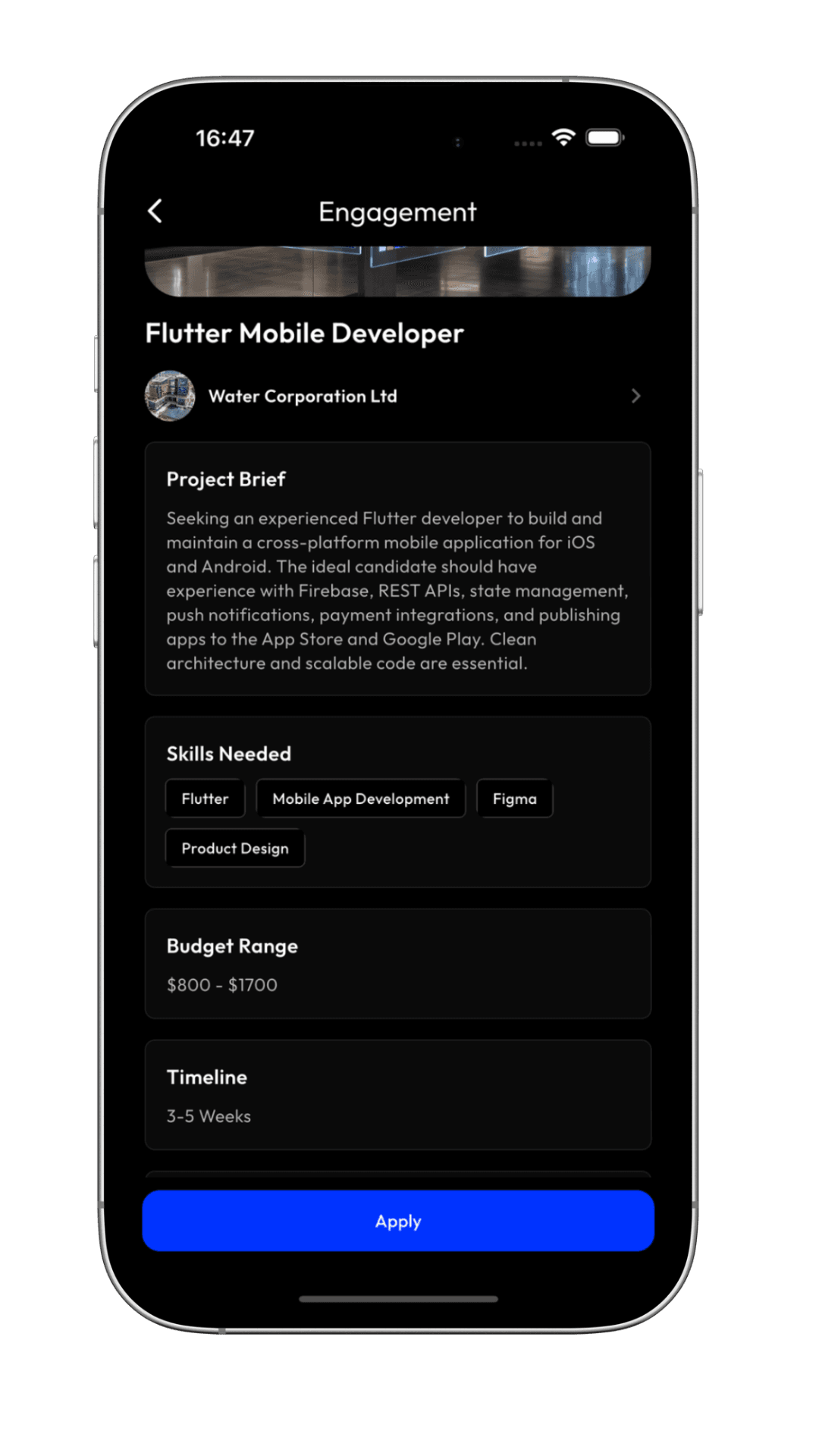 Kliqture engagement detail with scope, skills, budget range, timeline, and Apply action