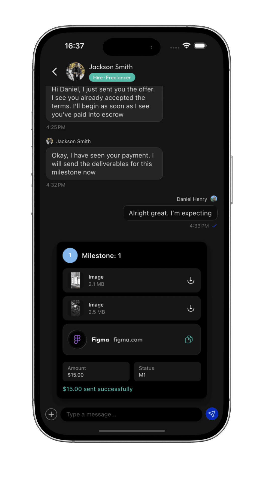 Kliqture Hire Room showing successful milestone payment release activity