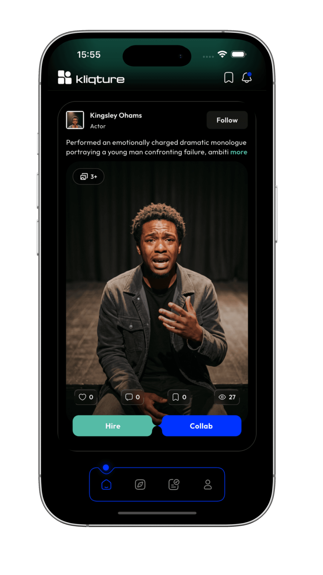 Professional portfolio feed post with Hire and Collab actions