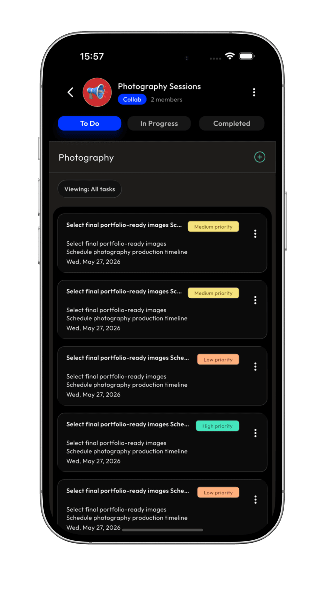 Kliqture project page showing tasks across status columns