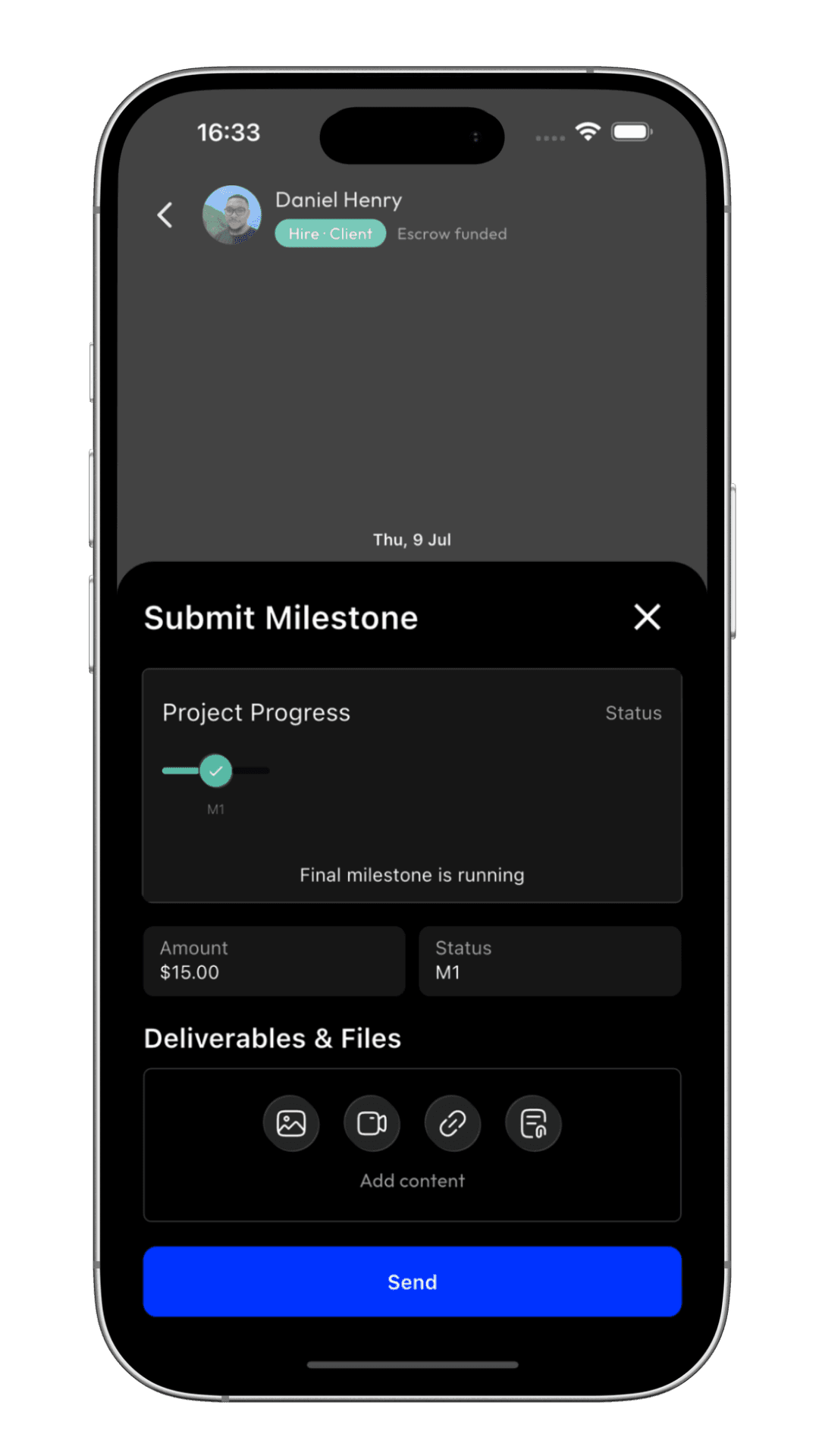 Kliqture milestone submission sheet with deliverable upload actions